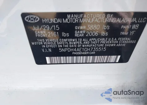 2016 Hyundai Elantra Value Edition z USA, uszkodzony, nr VIN 5NPDH4AE1GH735515